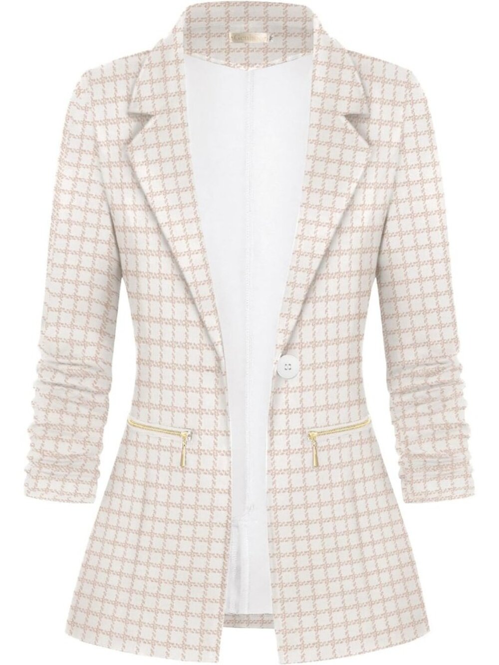 Women Apricot Plaid Stretch Long Sleeve Single Button Gold Zipper Pockets Jacket
